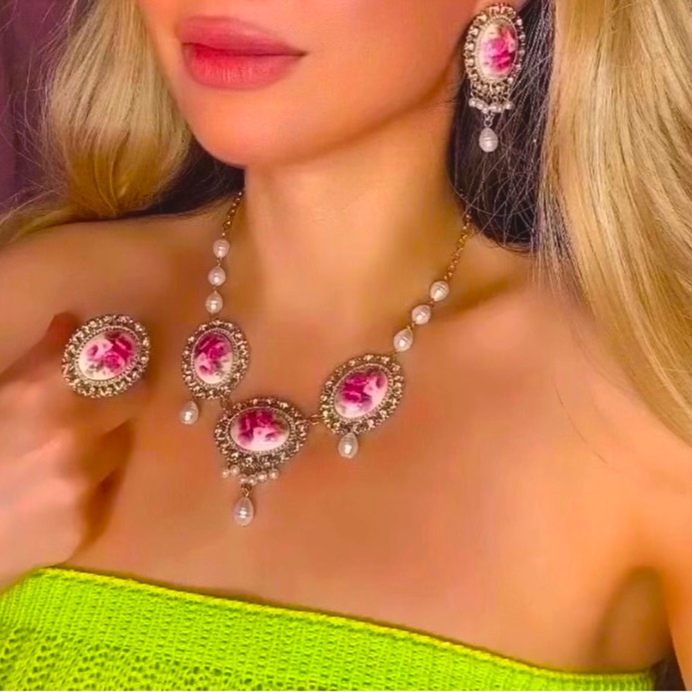 🎀 Retro Victorian Vintage Doll Style Gold, Pink & White Pearl Jewelry Set 🎀